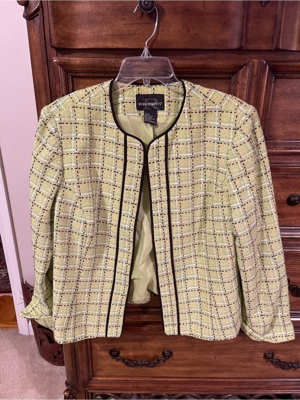 Requirements Lime Green Plaid Collarless Tweed Jacket with Black Trim